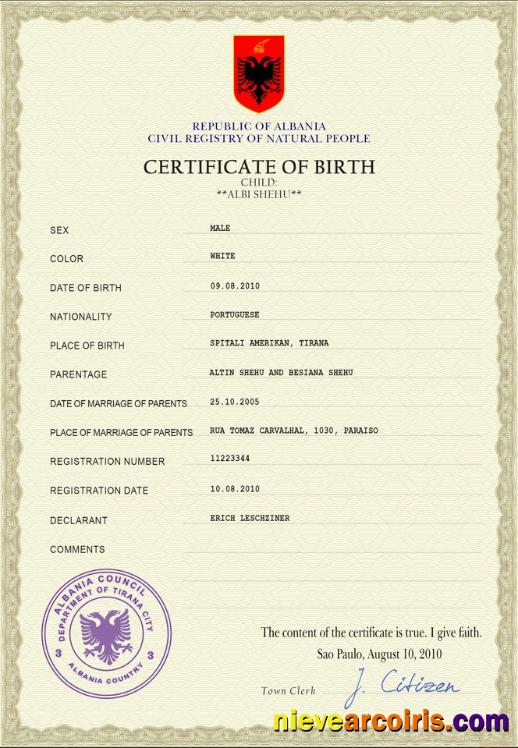 Albania birth certificate